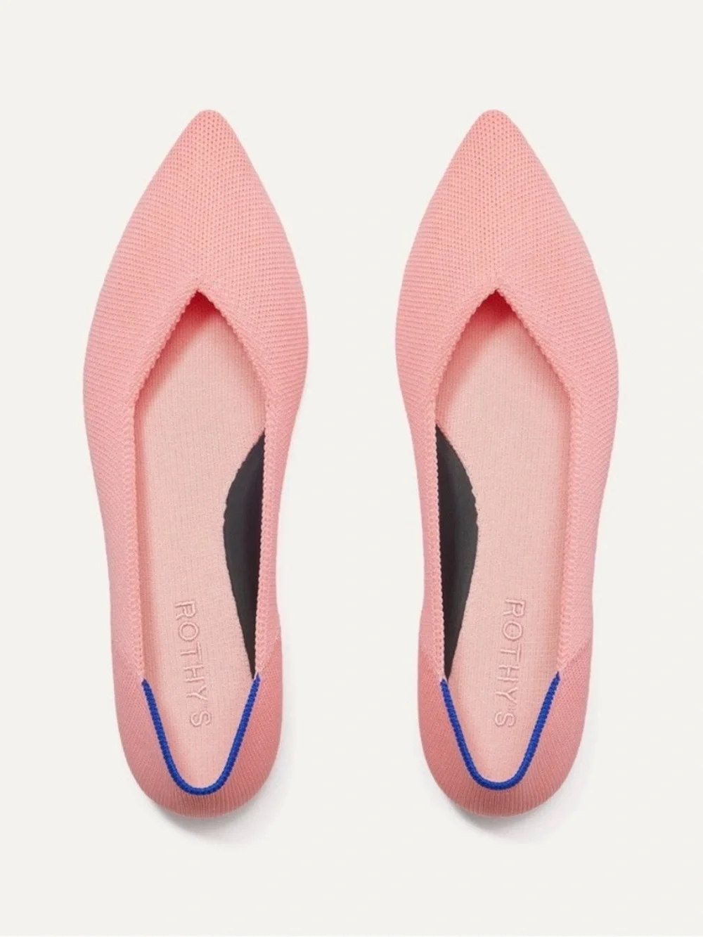 Rothy's Point ll Coral (Carnation) Pointed Knit Slip-Ons with Blue Heel Trim